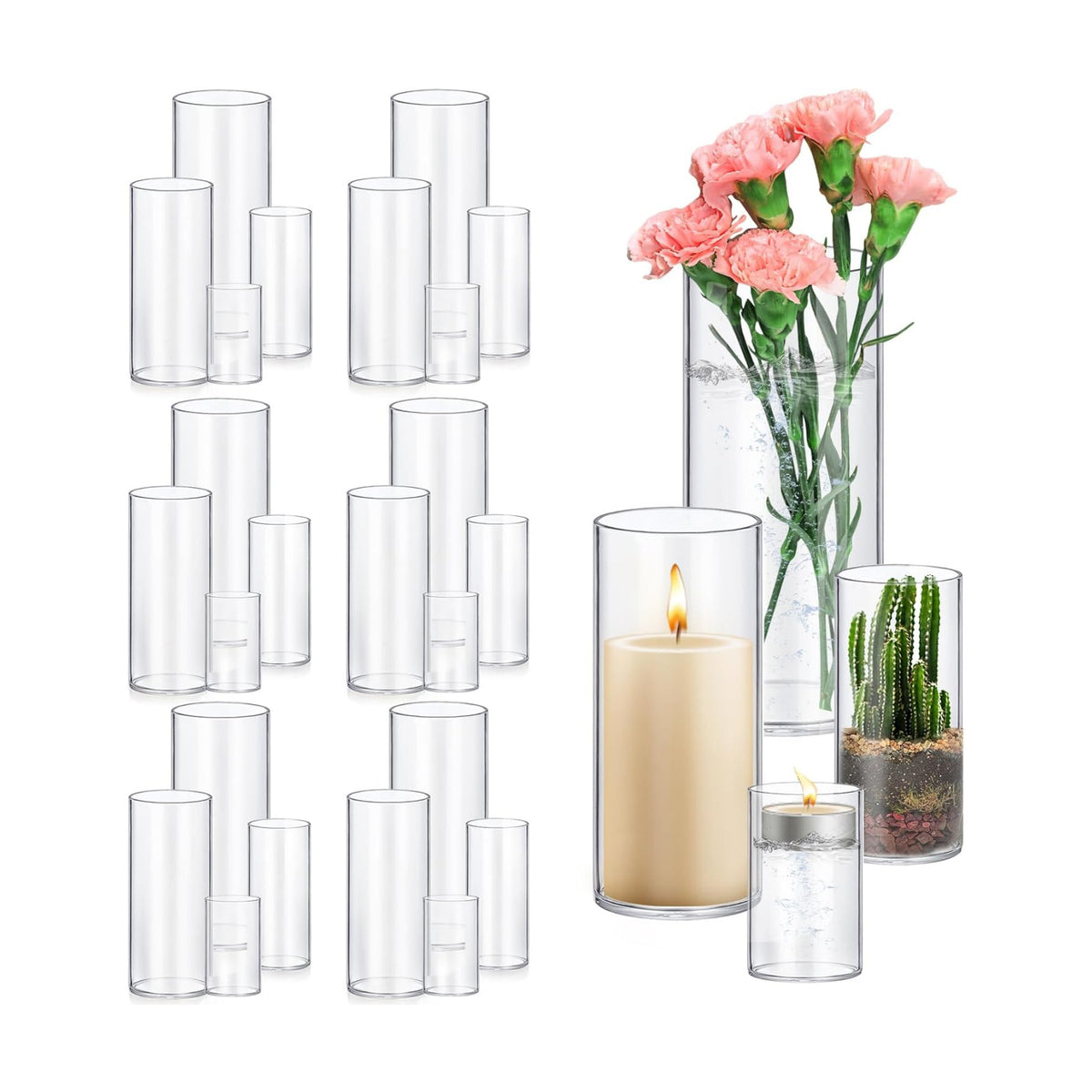 24 Pack Glass Cylinder Vases 4,6,8,10 Inch Tall Clear Flower Vase Hurricane Floating Candle Holder for Table Centerpiece Wedding Home Decor