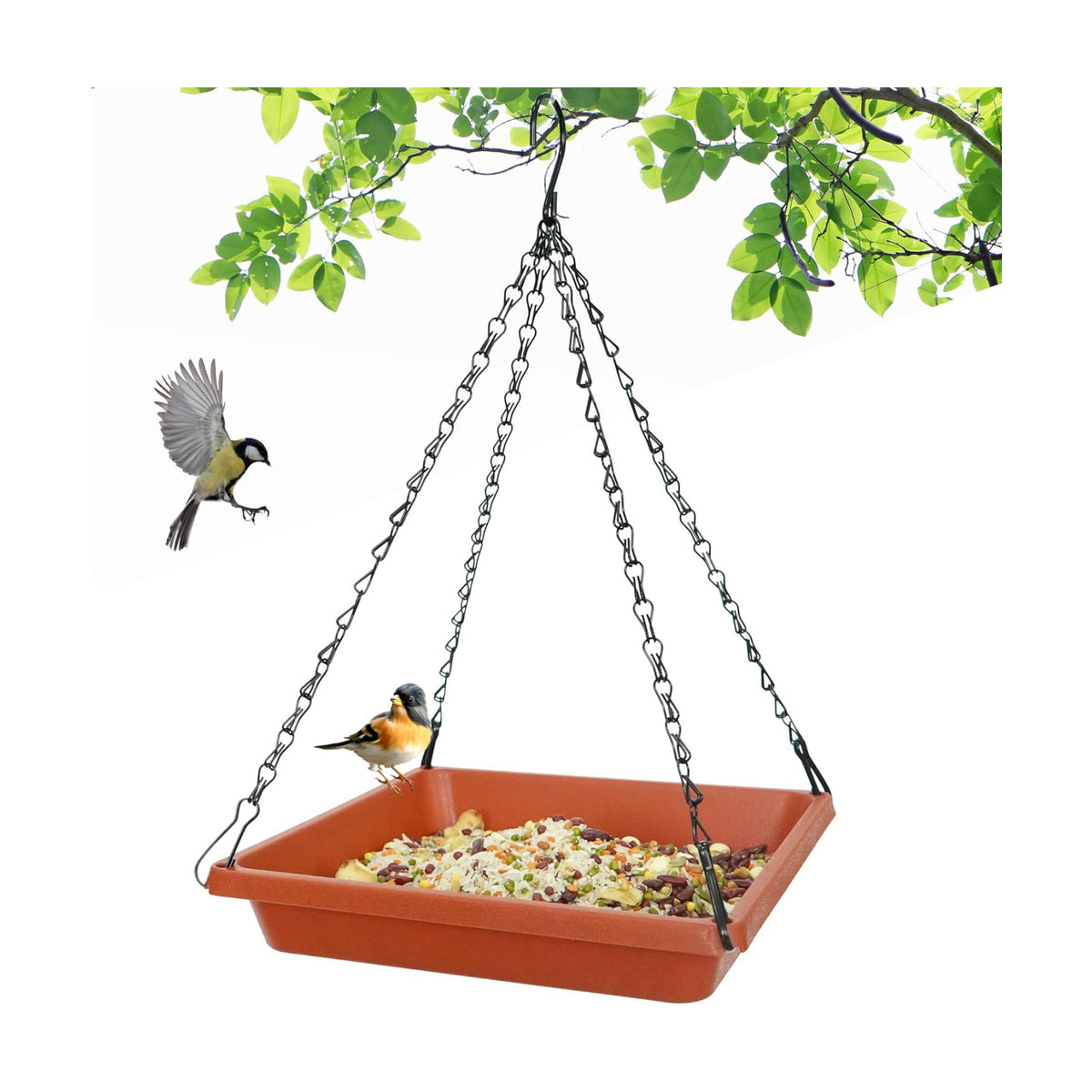 Large Hanging Bird Feeder Tray, Platform Spacious Birds Feeder with Mesh Tray, Sturdy and Drainage Bird Feeder for Bluebirds Cardinals Goldfinches (12.5 inch, Red)