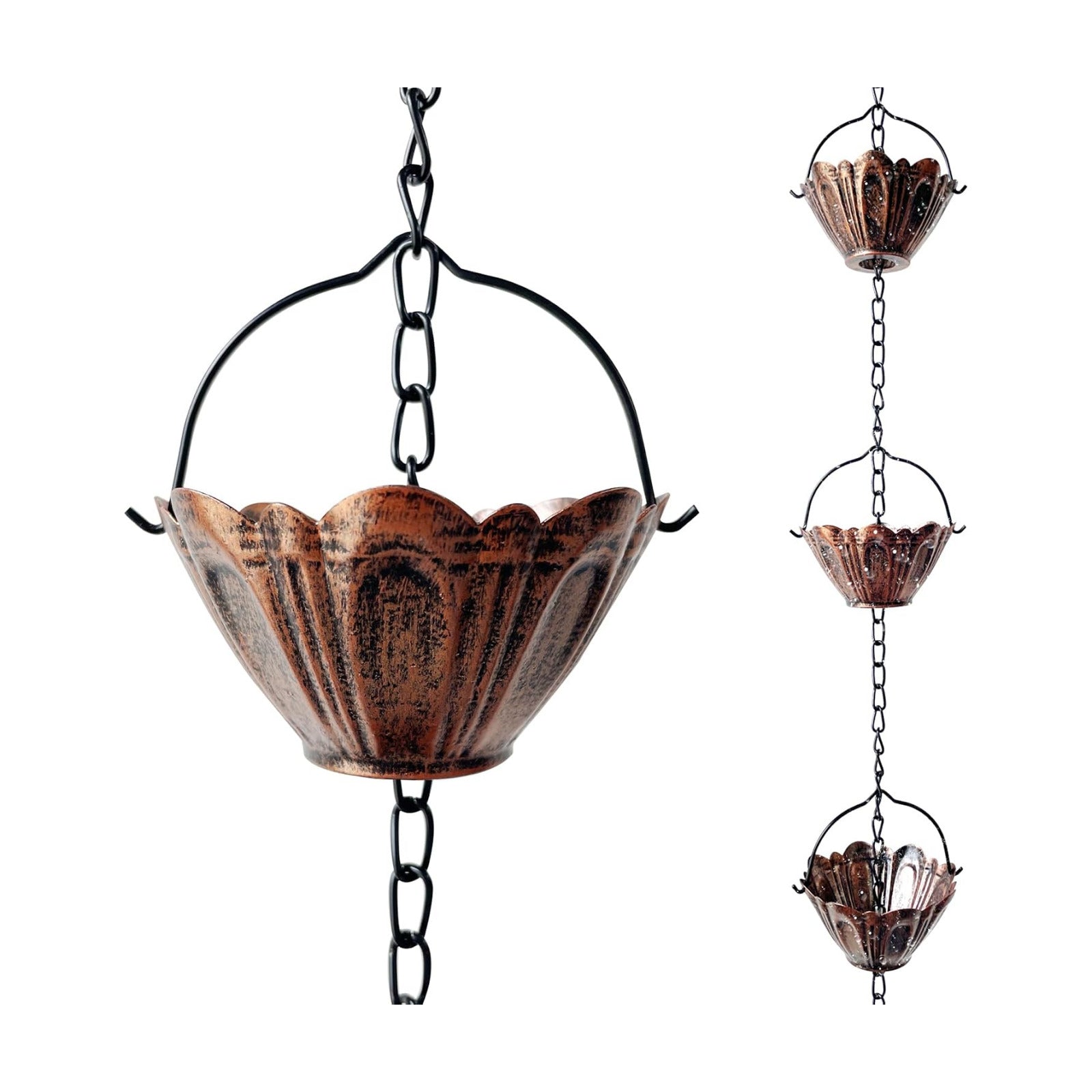Copper Lotus Rain Chain for Gutters, 8.7 FT Decorative Downspout | Handcrafted Finish, 12 Lotus Cups, Smooth Water