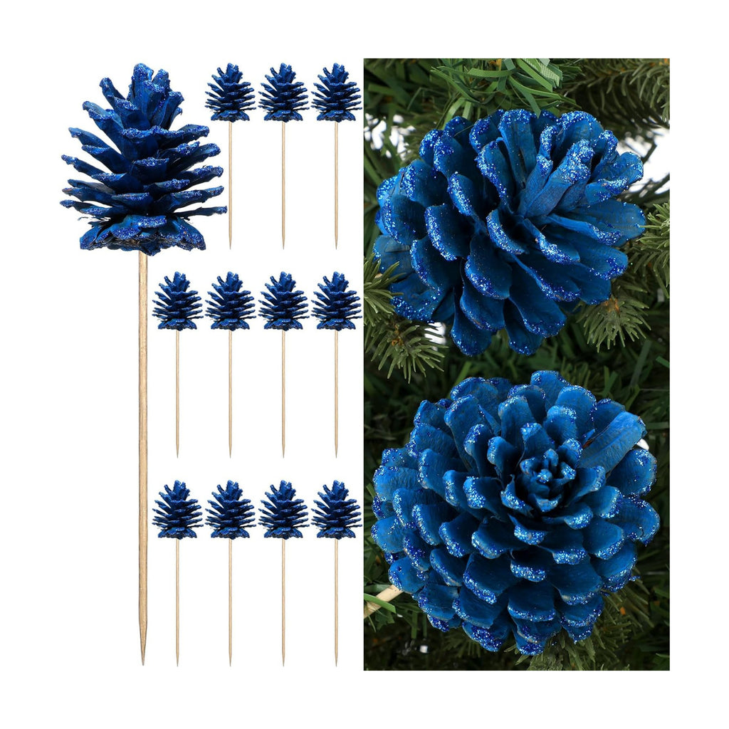 Thiccywoov 12 Pcs Christmas Pine Cone Pick Decoration for Tree Blue 3.15 in