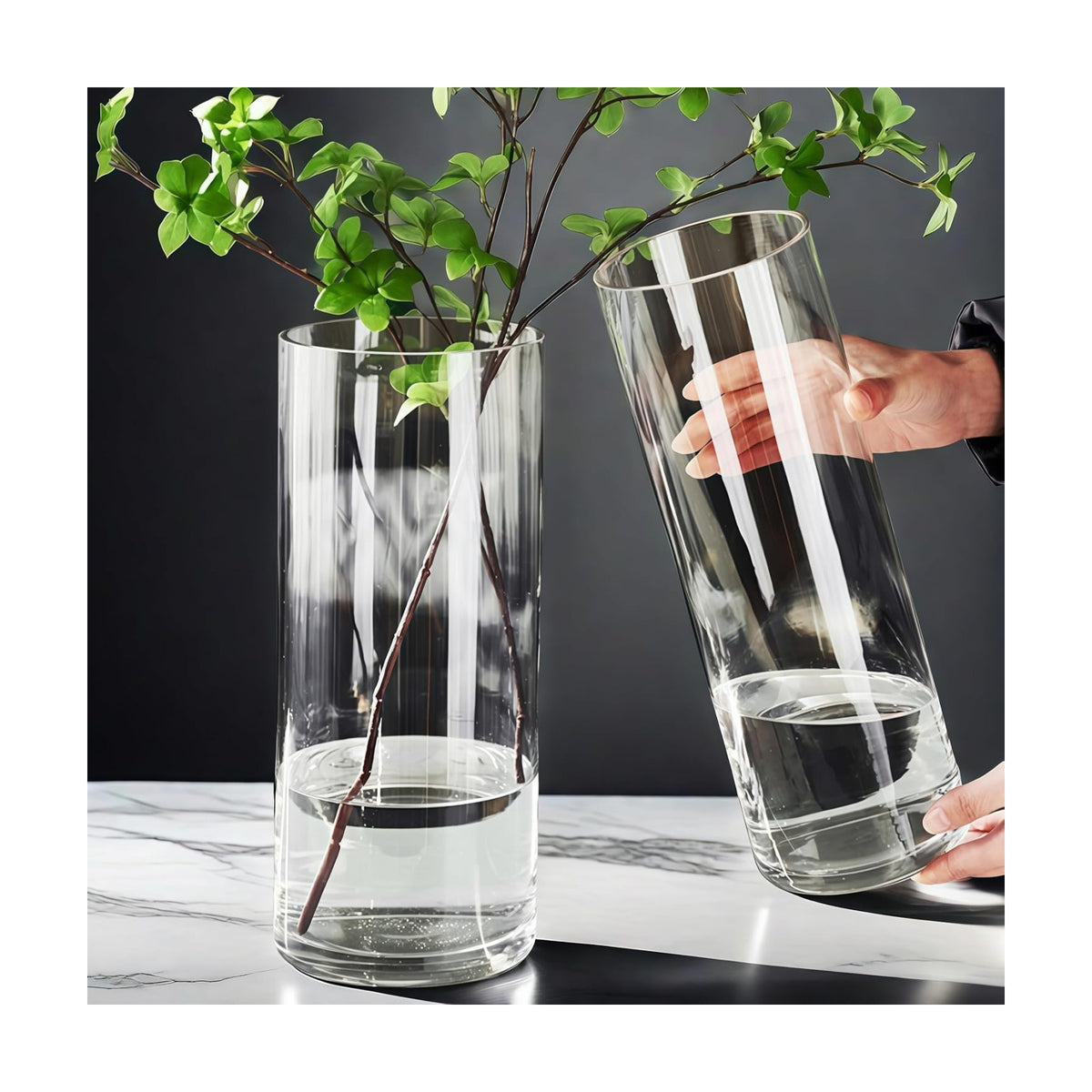 Tall Modern Clear Acrylic Cylinder Flower Vase 4x12 Inch Set of 2