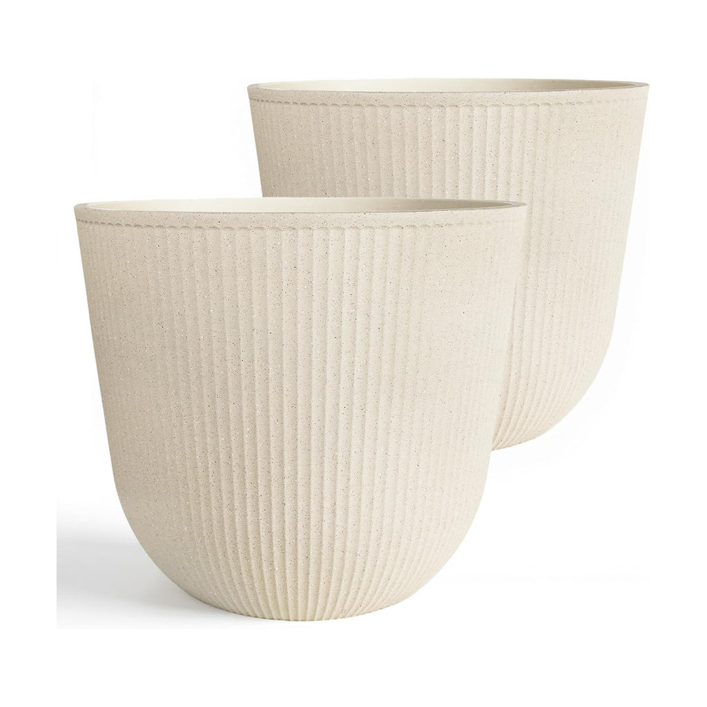 Worth Garden Round Large Planter Pot Set of 2-17.5" Dia x 15.5" H - Durable Plastic Beige Plant Tree Pots with Vertical