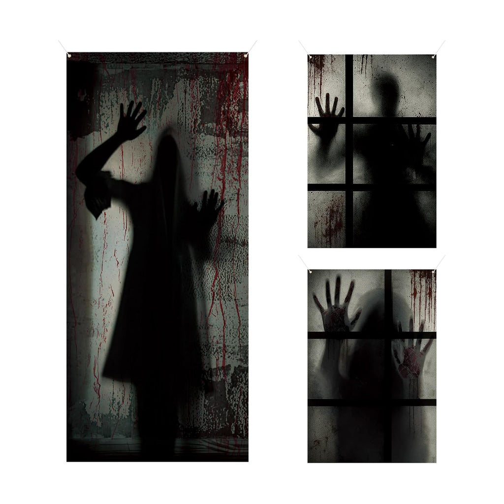 DoubleFill 3 Pcs Halloween Window Door Covers Set Scary Ghost Curtain