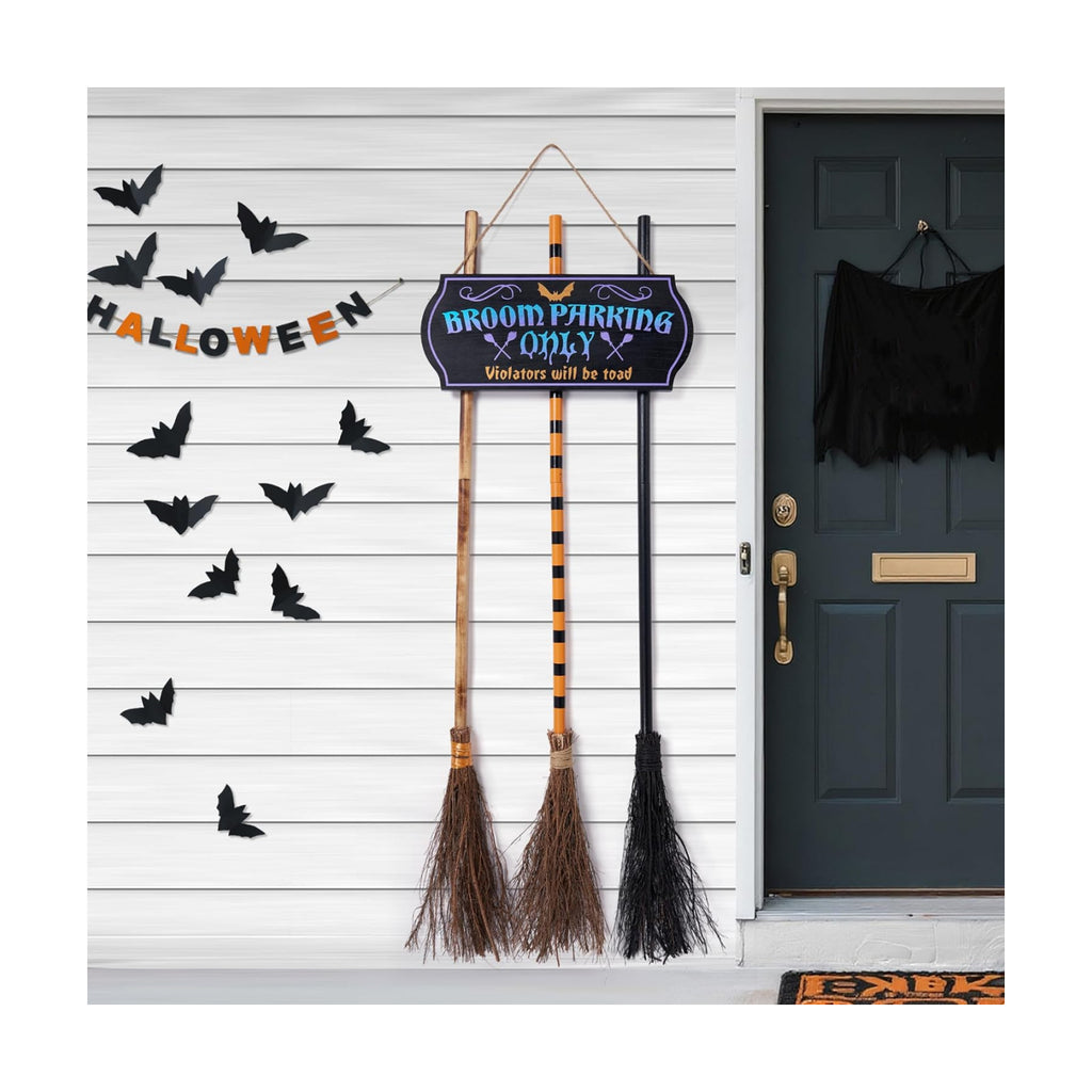 JOYIN Halloween Broom Parking Sign with 3pcs Wooden Witches Brooms, Halloween Decorations Outdoor, Wooden Warning Sign for Front Porch Wall Decor Home Office Indoor