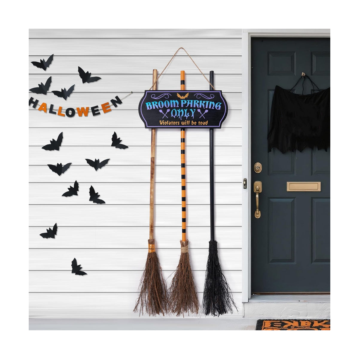 JOYIN Halloween Broom Parking Sign with 3pcs Wooden Witches Brooms, Halloween Decorations Outdoor, Wooden Warning Sign for Front Porch Wall Decor Home Office Indoor