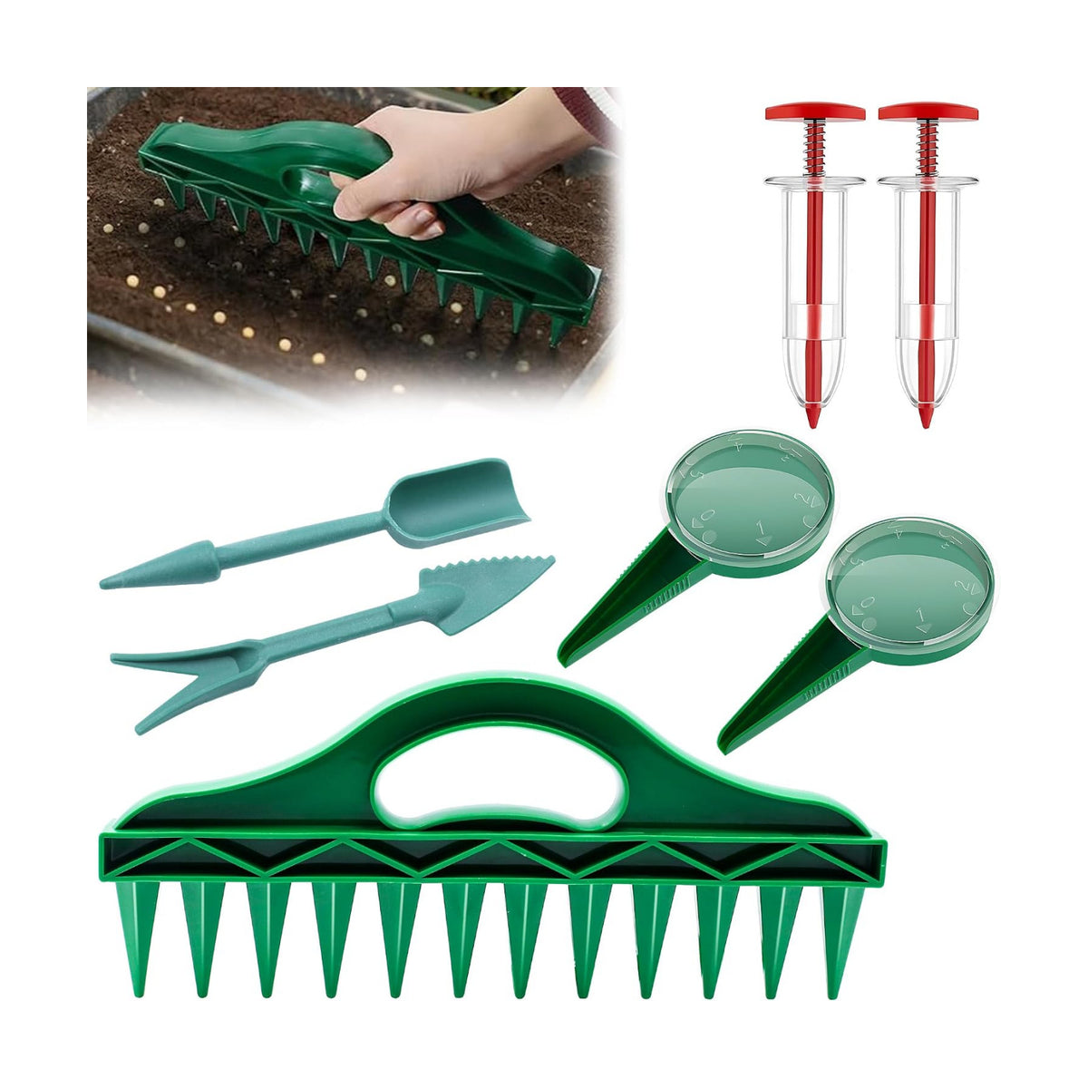 7 Pcs Seed Spreader Set, 2025 Upgraded Mini Seed Dispenser, Garden Seed Planter Tool, Hand Held Seed Spreader for Manual Gardening with 12-Hole Dibber, Multifunctional Spacer Gardening Tools