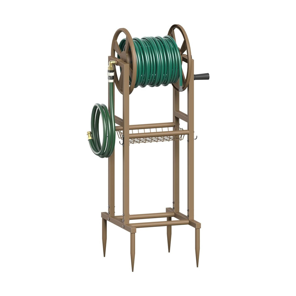 Freestanding Garden Hose Reel holds 125ft Hose of 5/8" with 4 Hooks, 4-Spike Outdoor Hose Holder with 3.9ft Leader Hose