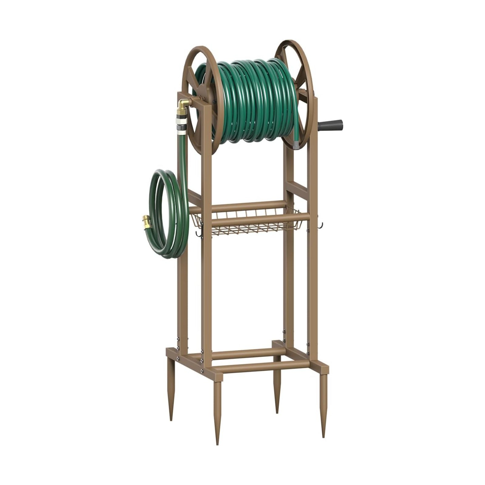 Freestanding Garden Hose Reel holds 125ft Hose of 5/8" with 4 Hooks, 4-Spike Outdoor Hose Holder with 3.9ft Leader Hose