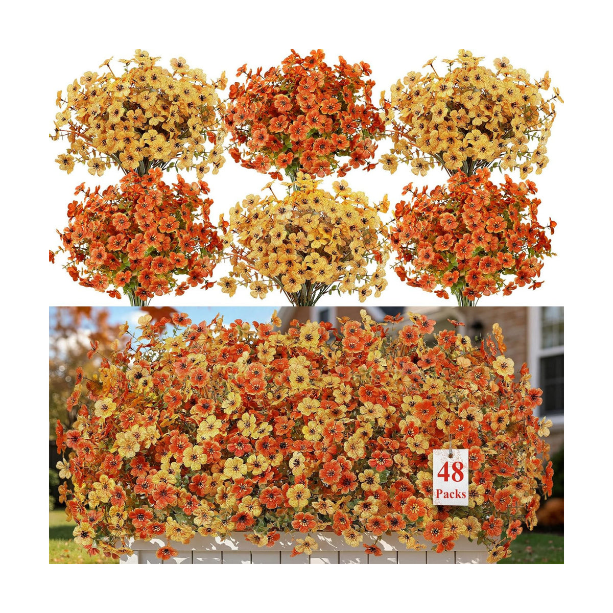 Alupssuc 48 Bundles Artificial Fall Flowers, UV Resistant Faux Mums Porch
