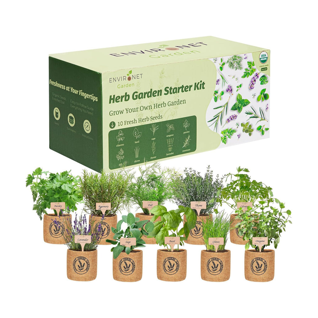 10 Indoor Herb Garden Kit- Burlap Pots, Organic Seeds, Herb Garden Planter Indoor Kit, Easy Window & Kitchen Herbs