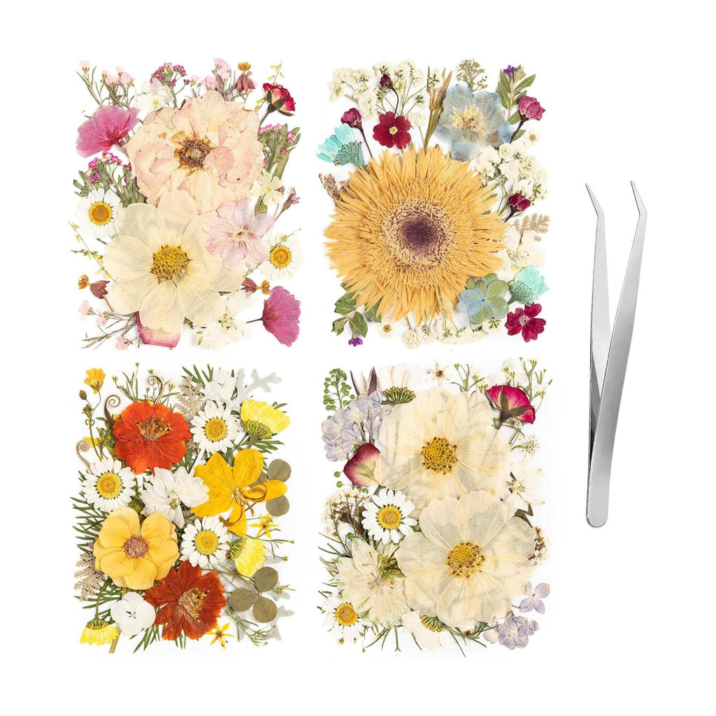 140pcs Dried Pressed Flowers Bulk, Natural Fall Pressed Dried Flowers with Tweezer for DIY Crafts Resin Mold Candles Cake Bridal Scrapbooking Supplies
