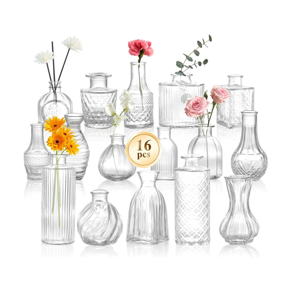 DOMESTAR 16 PCS Glass Bud Vases Set, Small Clear Cylinder Vases | Propagation Station, Plant Terrarium, Rustic Wedding
