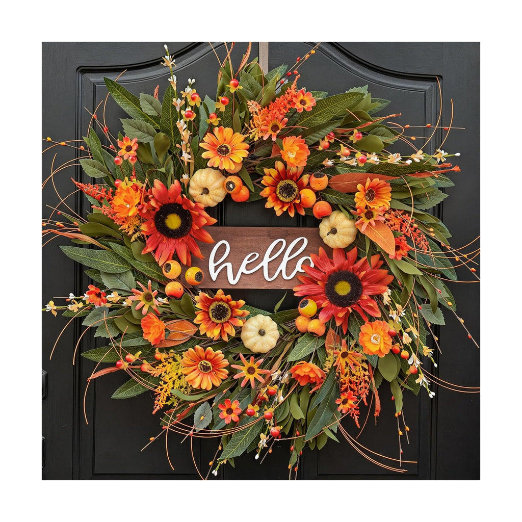 24 Inch Artificial Fall Wreaths for Front Door Outside with Hello Sign''