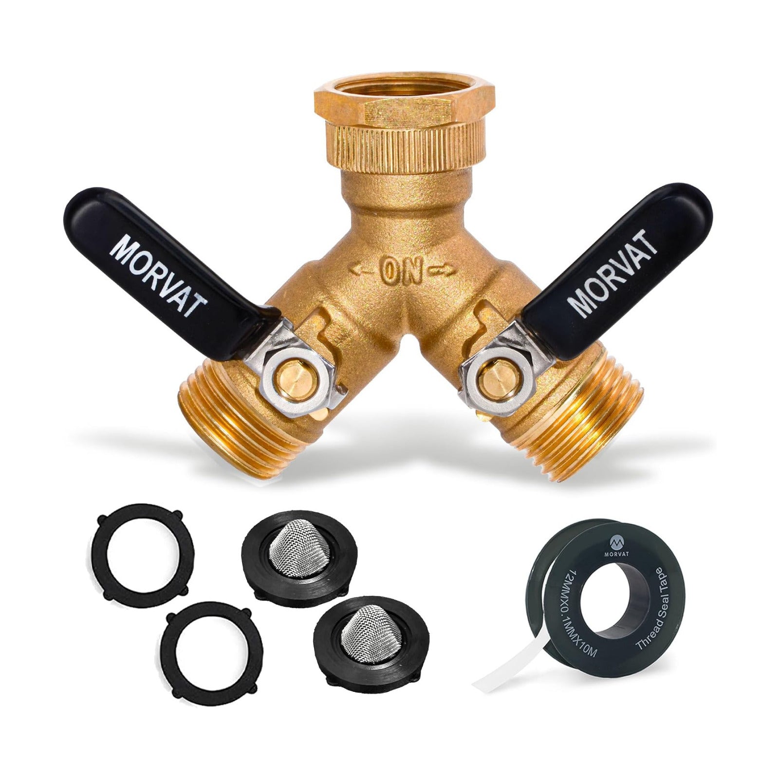 Brass 2-Way Y Splitter LEAD-FREE, Heavy-Duty Garden Hose Connector with Extra Long Butterfly Comfort Grip ON/OFF