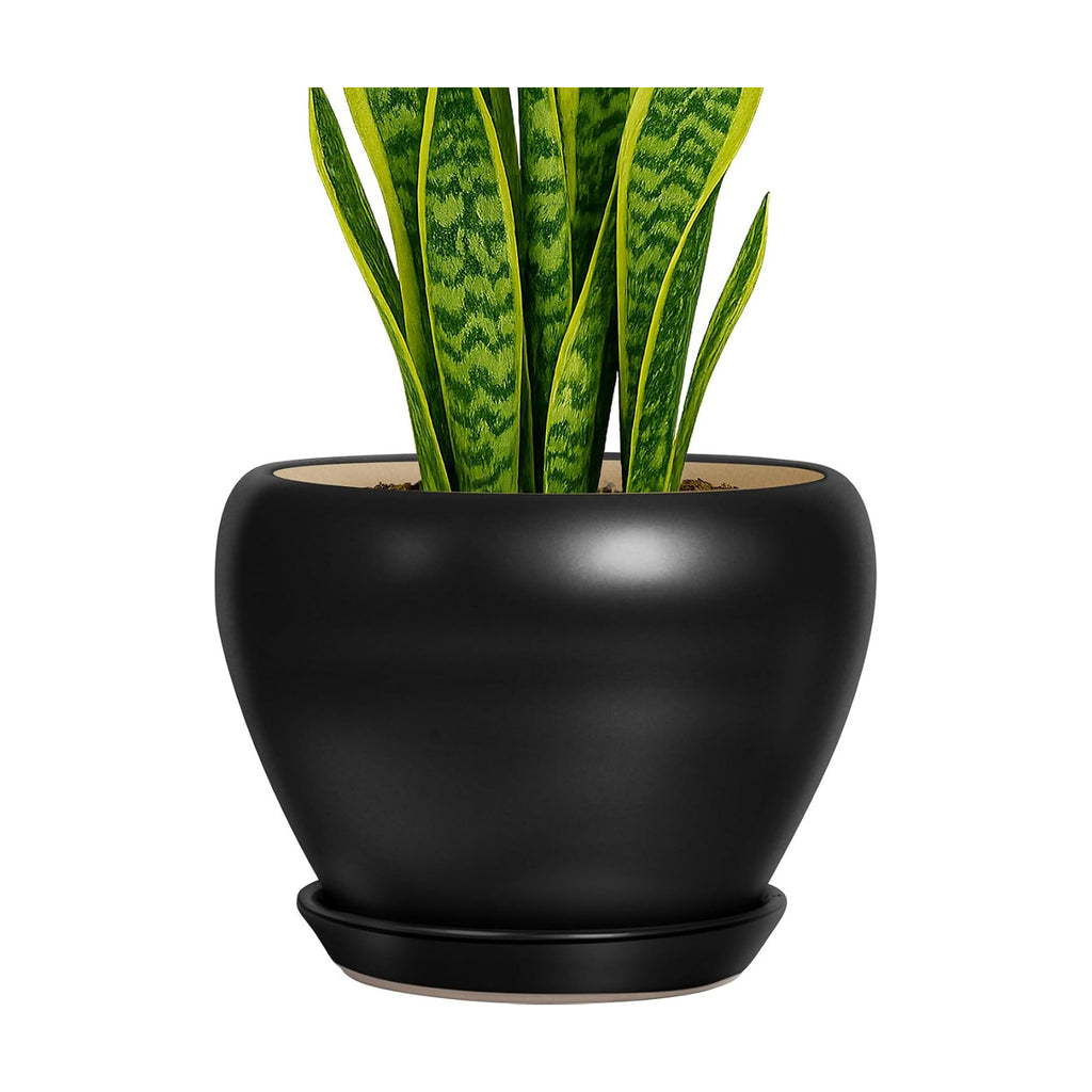 Deep Dream 8 Inch Plant Pot - Ceramic Pots for Plants with Drainage Hole and Trays, Modern Round Flower Pot, Planters for Indoor Outdoor Plants, Home Garden Decor, Black