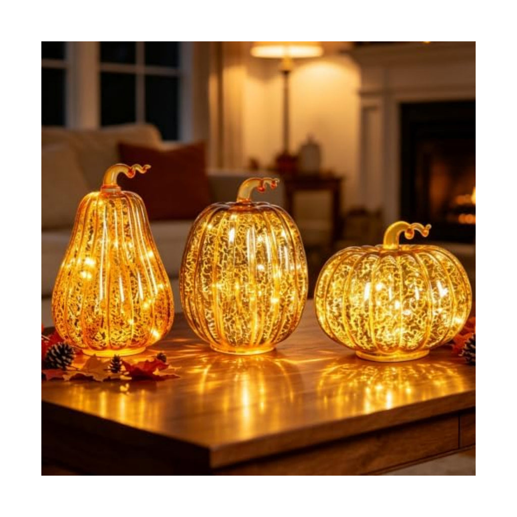 MUMTOP Mercury Glass Pumpkins Lighted 3PCS Halloween Gold Fall Decoration
