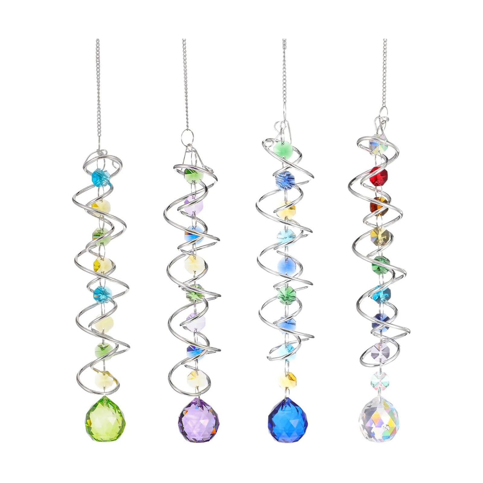 Set of 4 Crystal Sun Catcher for Window Hanging Double-Spiral Gazing Ball Spiral Tail Rainbow Maker Wind Spinners
