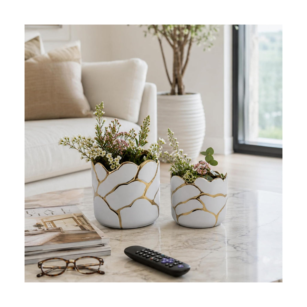 Set of 2 Plant Pots for Indoor Plants – Ceramic Planters with Gold Accents, Decorative Pots for Home Decor, Modern
