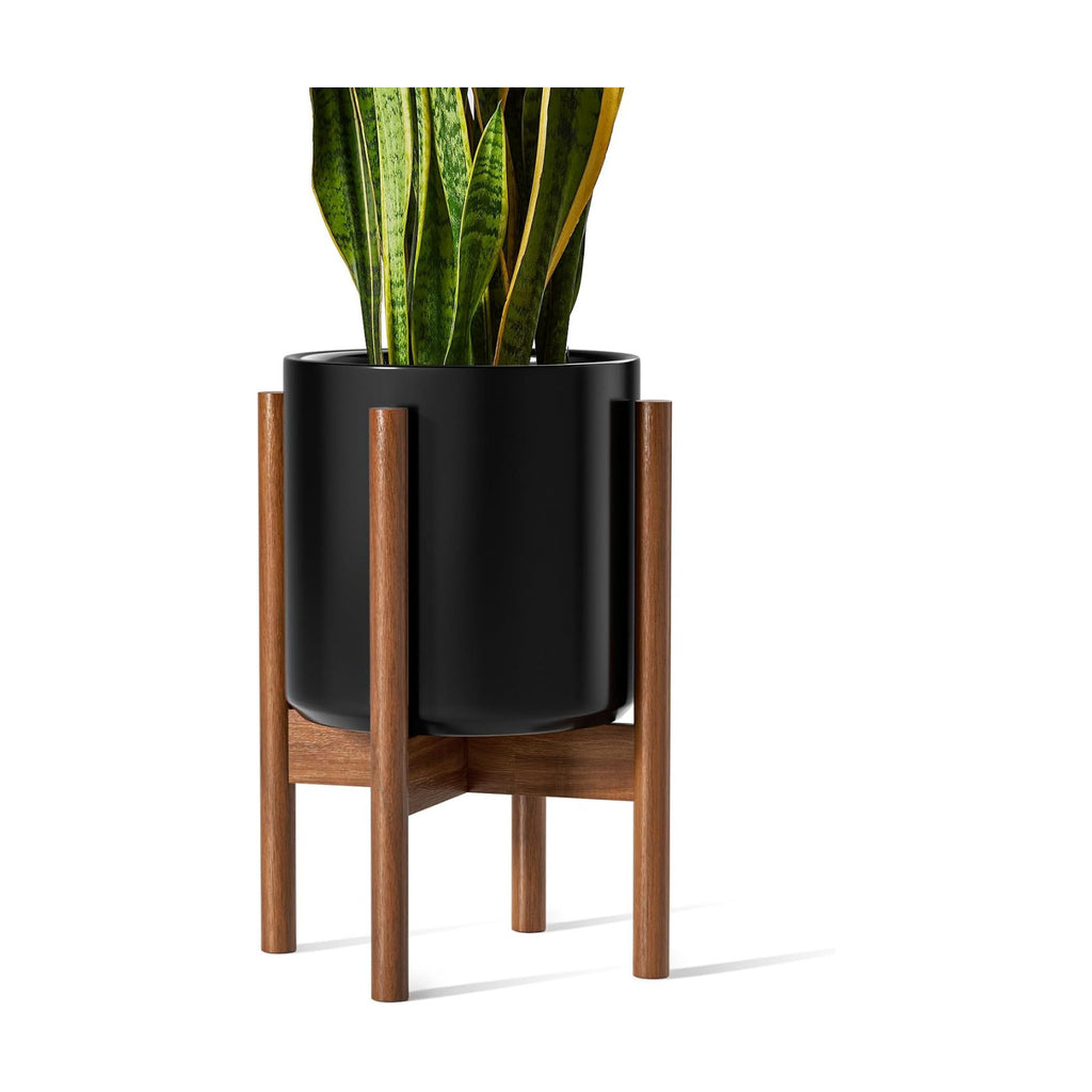 LE TAUCI 10 Inch Planter with Acacia Wood Stand, Ceramic Planter for Indoor Plants with Plant Holder, Mid-Century