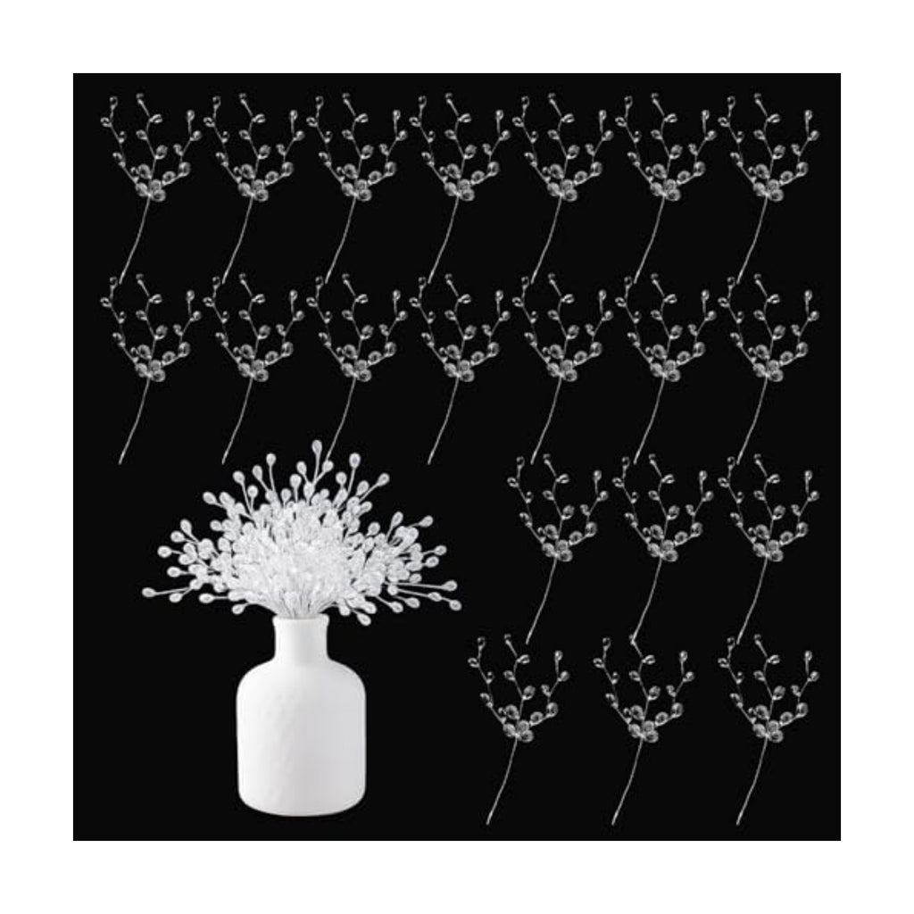 20PCS Acrylic Crystal Flower Branches – Clear Artificial Bead Drop Bouquets, Glitter Floral Acrylic Picks Arrangement for Wedding, Christmas, Thanksgiving & Home/Office Table Top Decoration – Clear