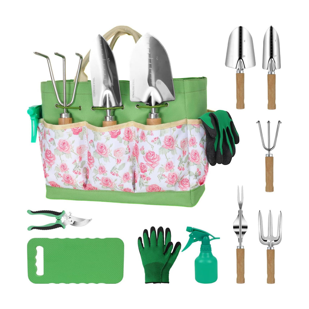 Garden Tools Set, 10-Piece Heavy Duty Garden Hand Tools Kit with Wooden Handle, Durable Organizer Bag for Garden