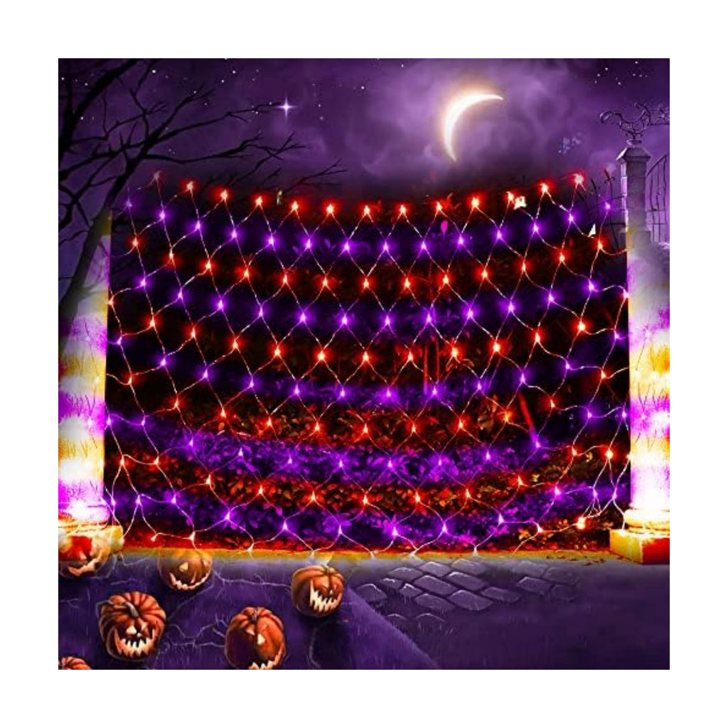 Net Light Outdoor Mesh Christmas Decorations, 100LED String Light Plug in Connectable Tree Warp Hanging 5ft x 5ft for Halloween, Shrubs, Lawn, Backyard, Walkway, Bushes, Garden Decor-Orange&Purple