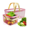 Cheardia 2 Pack Picnic Baskets, Metal Mesh Harvest Basket with Foldable Wooden Handle, Rectangle Garden Storage Basket