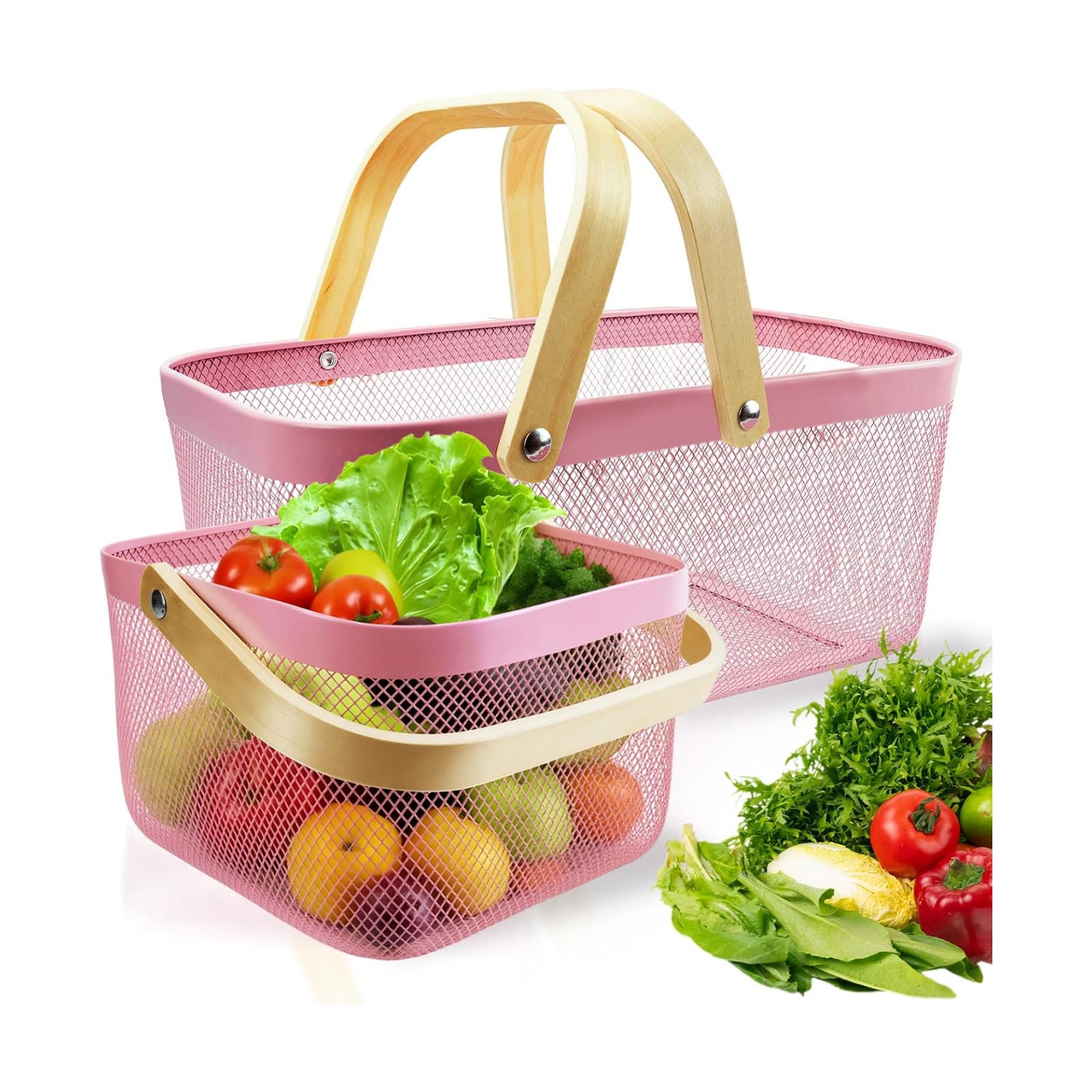 Cheardia 2 Pack Picnic Baskets, Metal Mesh Harvest Basket with Foldable Wooden Handle, Rectangle Garden Storage Basket
