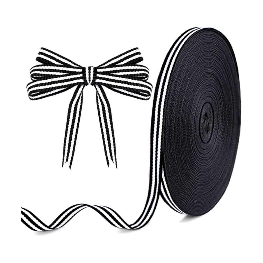 KINGLAKE Black and White Striped Ribbon - 3/8 Inch x 55 Yards