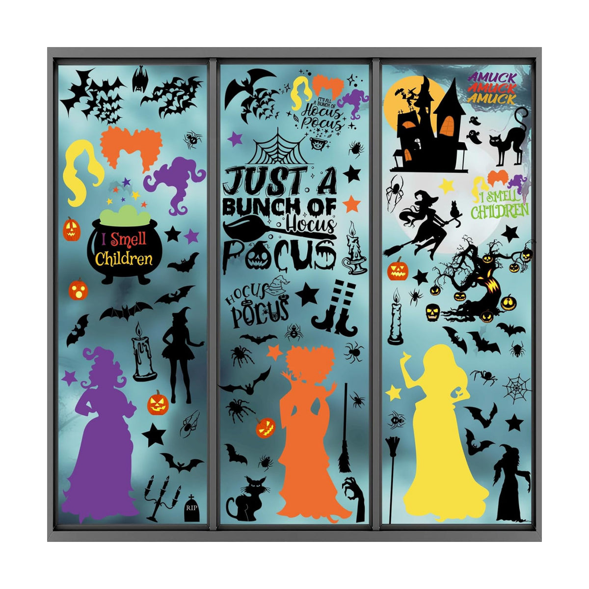 92Pcs Halloween Window Clings - Hocus Pocus Window Clings,I Smell Children Witch Clings for Glass Windows,Reusable Double Sided Static Window Stickers for Halloween Decorations(9 Sheets)