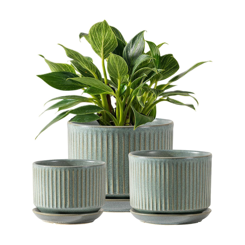 SURE YUESI Ceramic Plant Pots Set of 3, Indoor Outdoor Planters with Drainage Hole and Saucer, Ceramic Flower Pots for