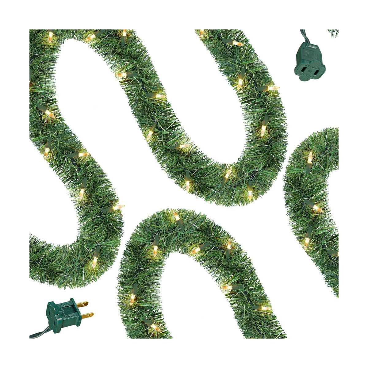 WATERGLIDE Lighted Christmas Green Garland 15FT, with Clear String Lights, Pre-lit Artificial Greenery Garlands, Plug in & Connectable Xmas Lights for Indoor Outdoor Holiday Party Decor