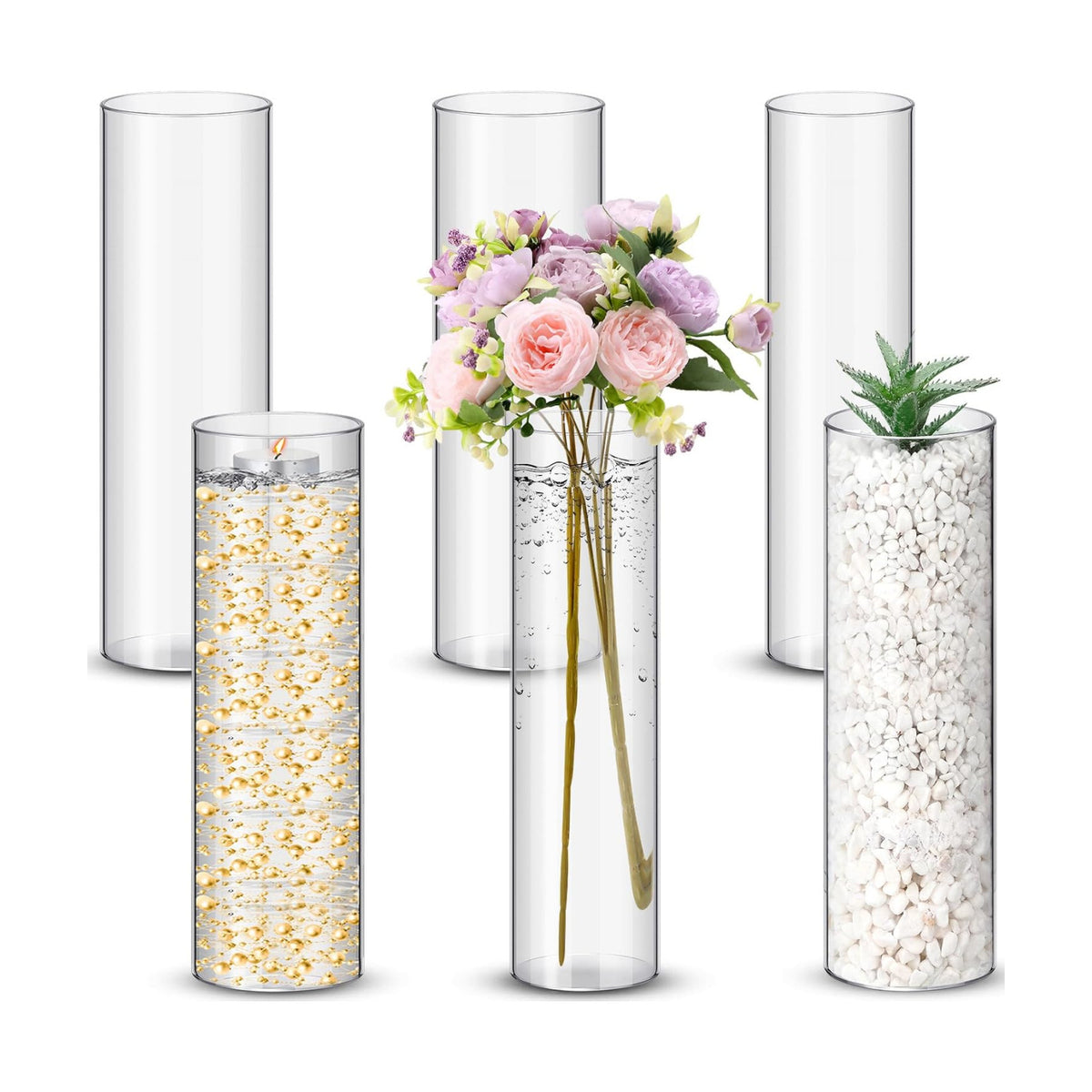 Nuogo 6 Pcs 12" Plastic Clear Cylinder Vase Acrylic Vase for Centerpieces
