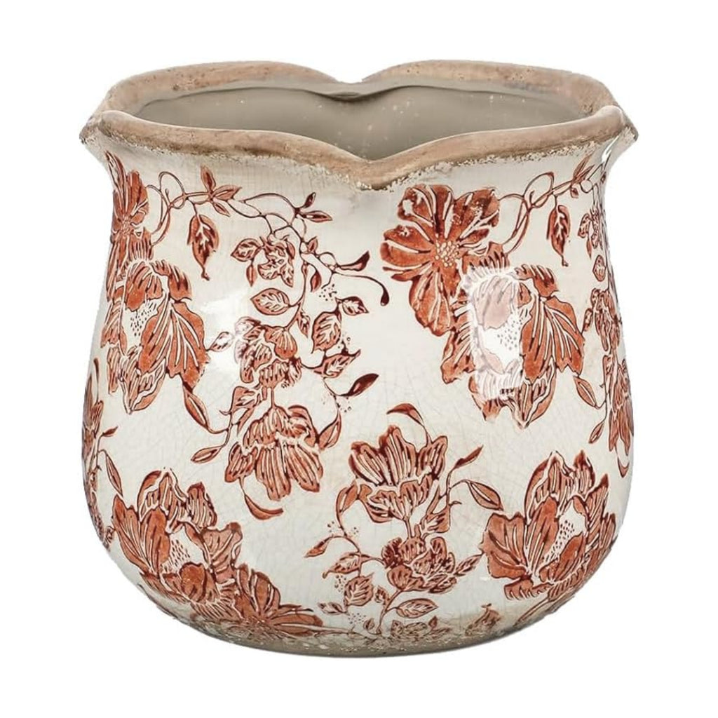 Tuscan Ceramic Planter with Floral Edges Vintage Planter Flower Pot Vase | Planter with Drainage Hole, Ice Crack