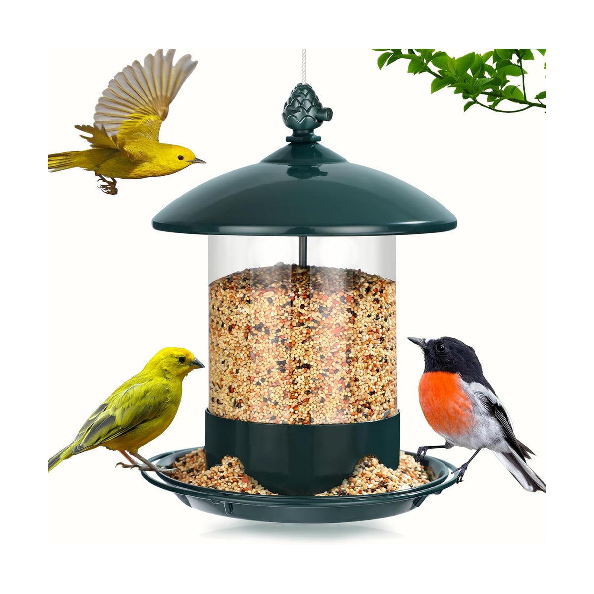 Gbekery Metal Bird Feeders for Outdoors Hanging, Weather Resistant Wild Bird Feeder with 360 Degree Feeding Tray, Green