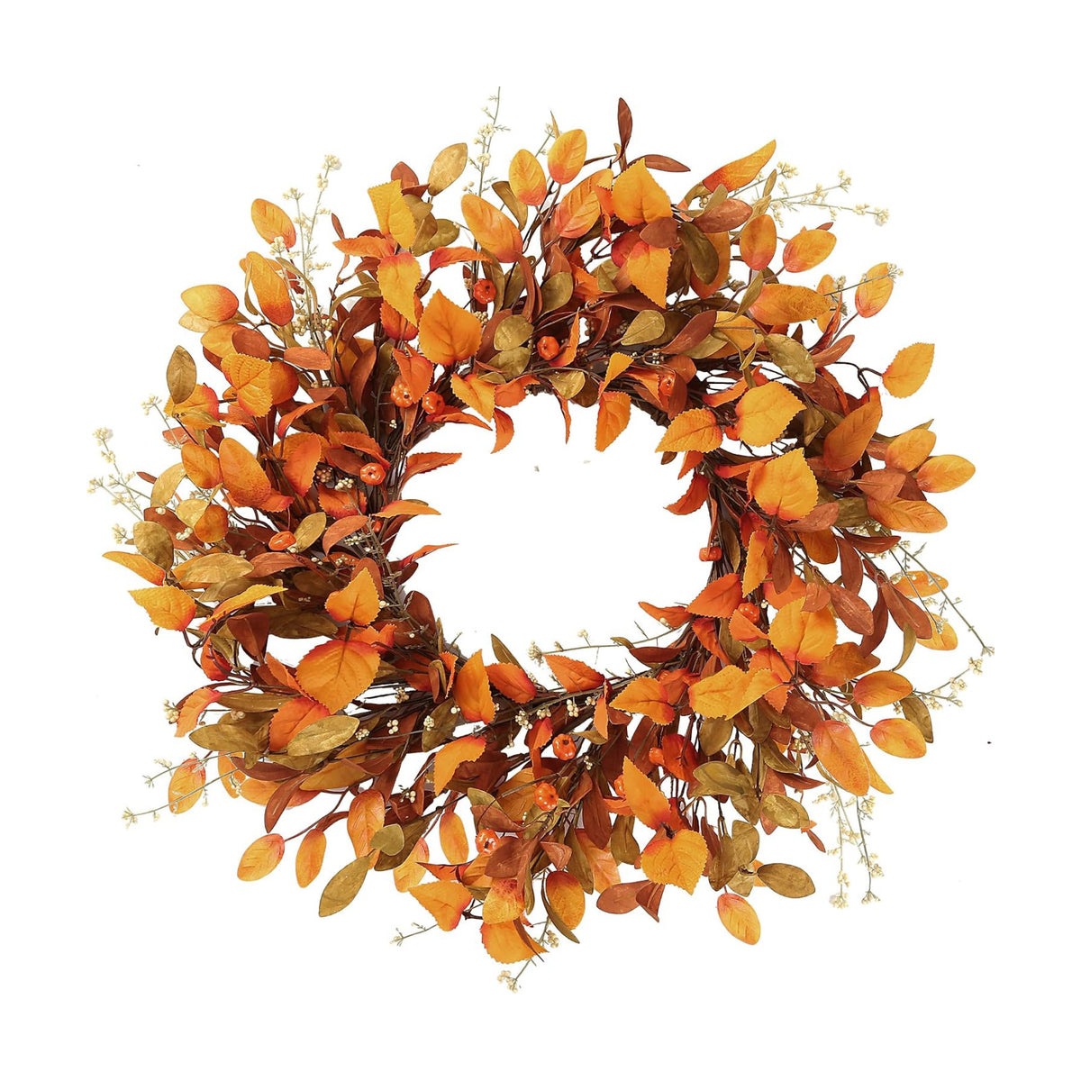 Sggvecsy Artificial Fall Wreath 21’’ Autumn Front Door Wreath with Fall Leaves Small Pumpkins Cluster of Berries for Outside Indoor Wall Window Festival Thanksgiving Fall Harvest Autumn Decor