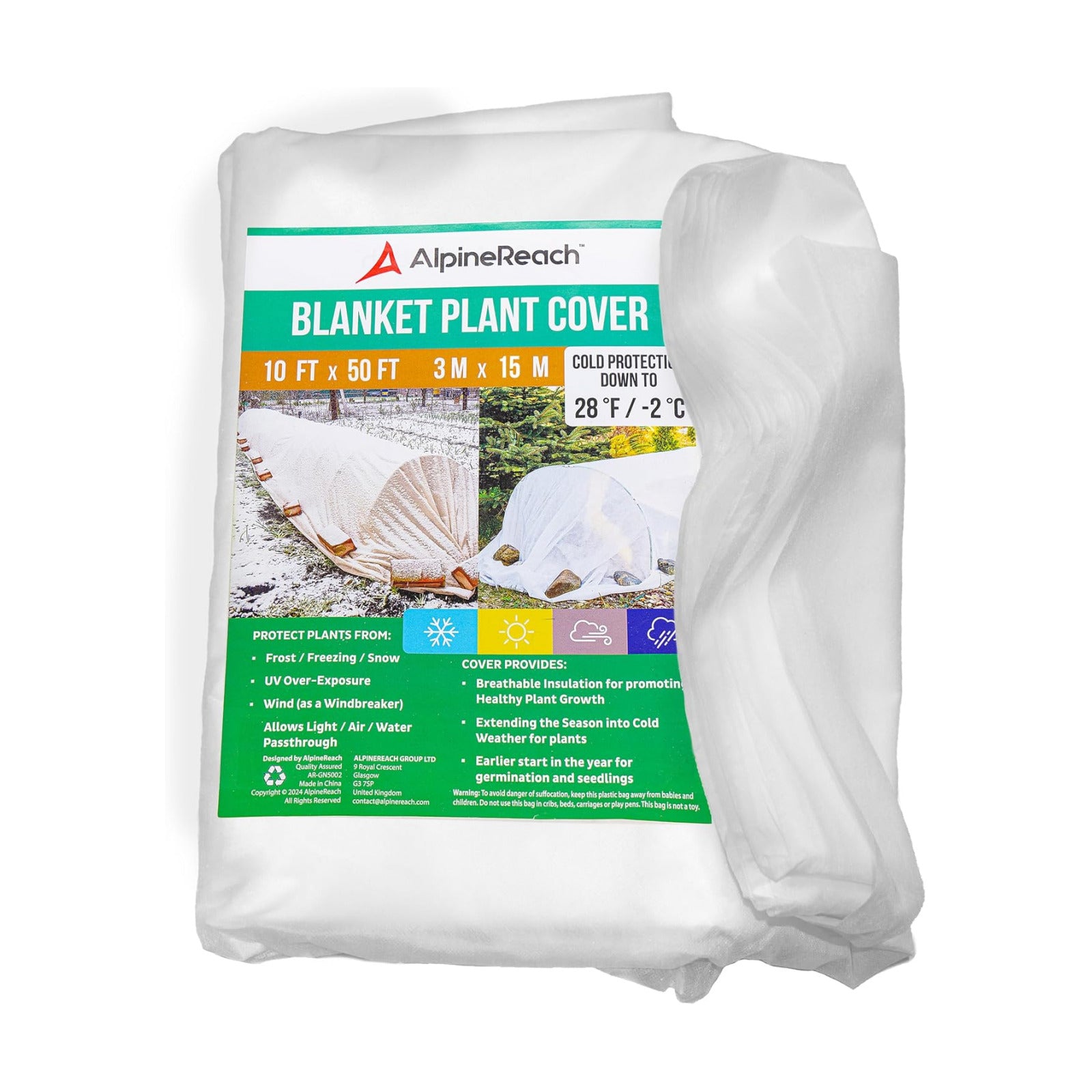 AlpineReach Plant Covers Frost & Sun Protection 10 x 50 ft - Thick 1.2 oz/yd² Freeze Blanket to Low 28 °F Temperatures
