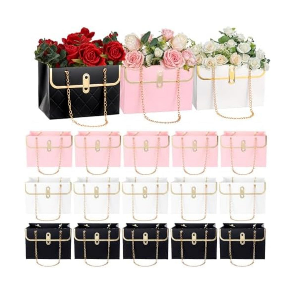 Ubamdom 15 Pcs Flower Paper Gift Box Bouquet Storage Bucket Handbag with Metal Chain Flower Boxes for Arrangements Wedding Valentine's Mother's Day Birthday Bridal Showe