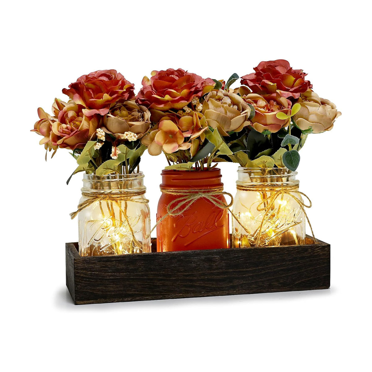 Mason Jar Centerpiece Orange Flower Kitchen Table Decor with Lights
