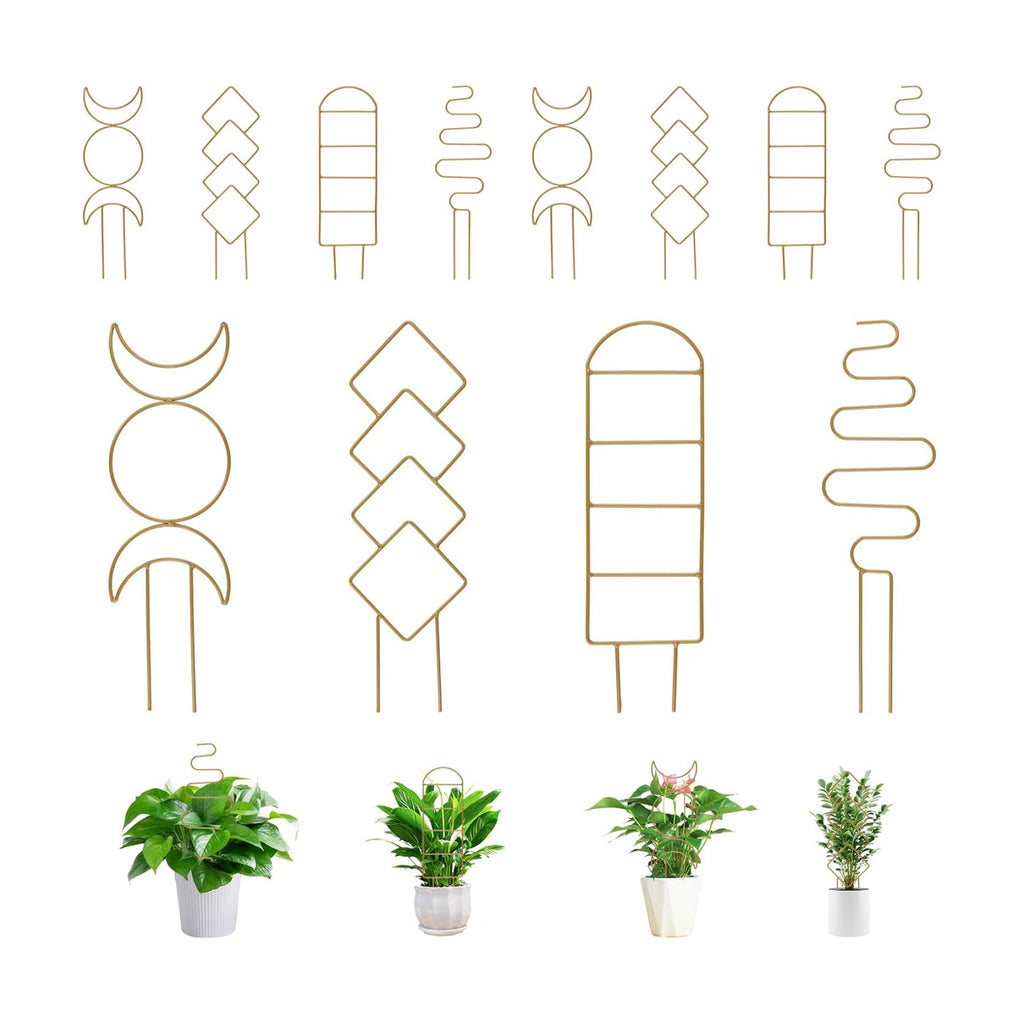 12 Pack Gold Plant Trellis for Potted Plant Indoor, Small Metal Trellis with 4 Different Patterns, Climbing Plant