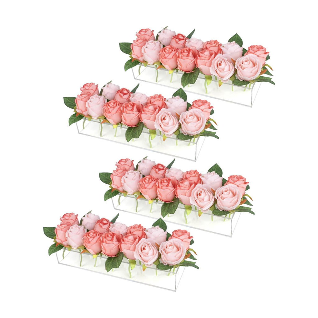 PaulTellie Acrylic Flower Vase Rectangular 4 Pack - Clear Floral Centerpiece for Dining Table Each 14 Inches, Connect to Form 56 Inches Long Rectangle Acrylic Vase for Home Wedding Dining Table Decor