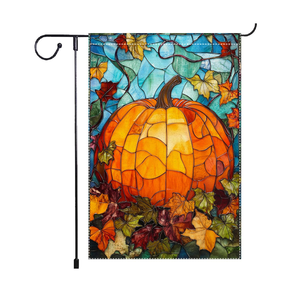 Fall Garden Flag For Outdoor Decor Thanksgiving Garden Flags Autumn Stained Glass Pumpkin Maple Leaf Double Sided Small Burlap Outside Porch Lawn Yard Flags Decorations 12.5x18 Inch