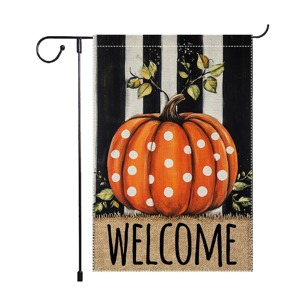 Welcome Fall Garden Flag Polka Dots Pumpkin Thanksgiving Garden Flags For Outside Burlap Decor, Double Sided Vertical Autumn Decor Patio Lawn Yard Outdoor Decoration 12x18 Inch