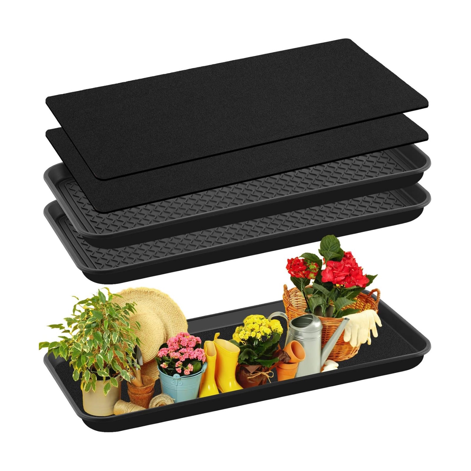 Vesici 2 Set/4 Pcs Large Square Plant Saucer, Self-Watering Trays with Mat | 30 Inch Plant Saucer, 3mm Capillary Mat