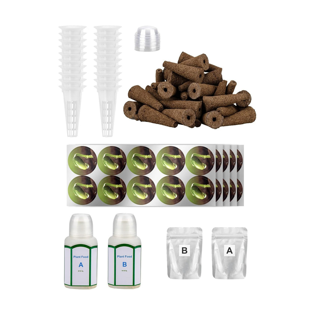 144pcs Seed Pod Kit: 50 Grow Sponges, 50 Pod Labels, 20 Grow Baskets, 20 Grow Domes, 4 A&B Plant Food，Grow Anything