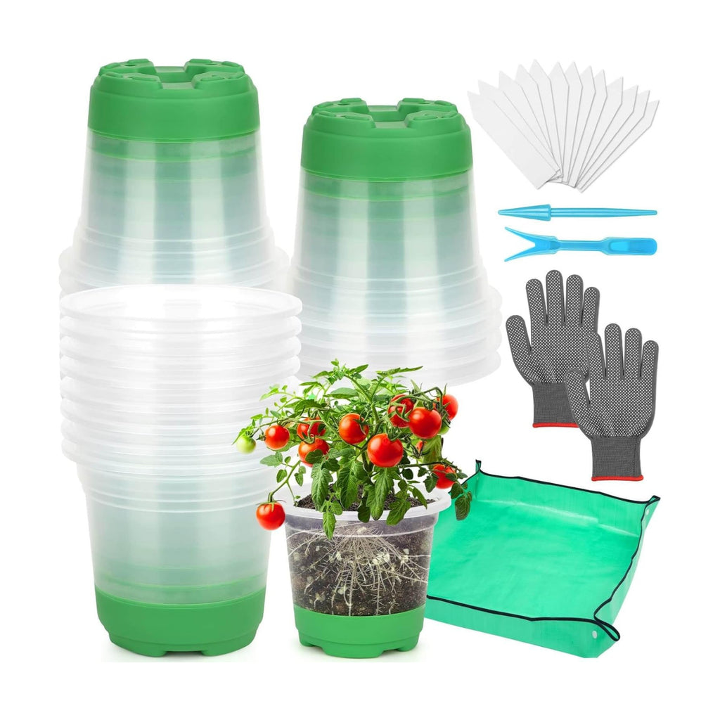 Caffox 45PCS Reusable Seed Starter Kit Includes 20 Packs 5" Clear Nursery Pots with Silicone Base, Repotting Mat