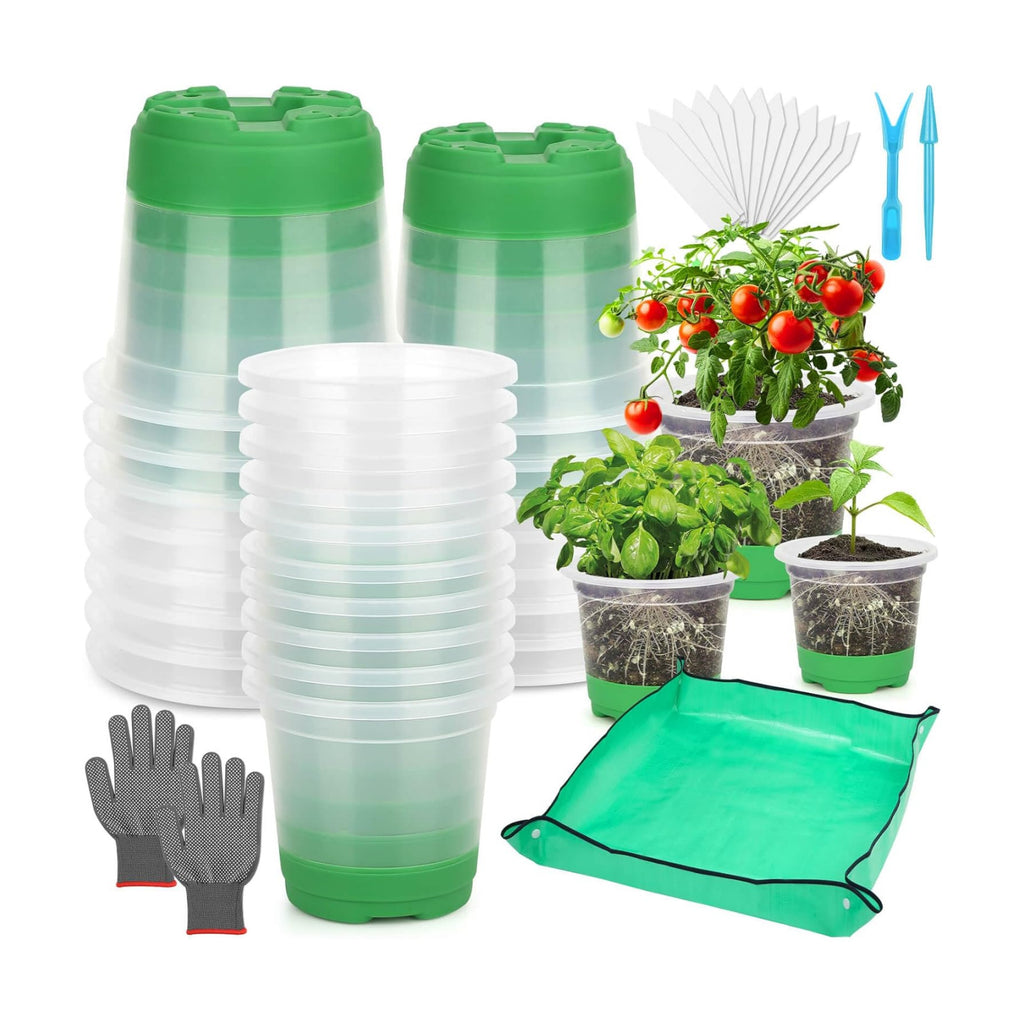 Caffox 51PCS Reusable Seed Starter Kit Includes 26 Packs 3 Sizes Clear Nursery Pots with Silicone Base, Repotting Mat