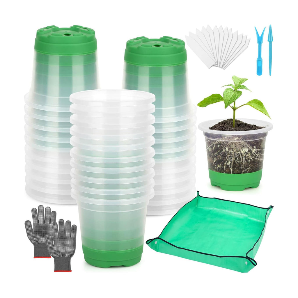 Caffox 55PCS Reusable Seed Starter Kit Includes 30 Packs 3.5" Clear Nursery Pots with Silicone Base, Repotting Mat