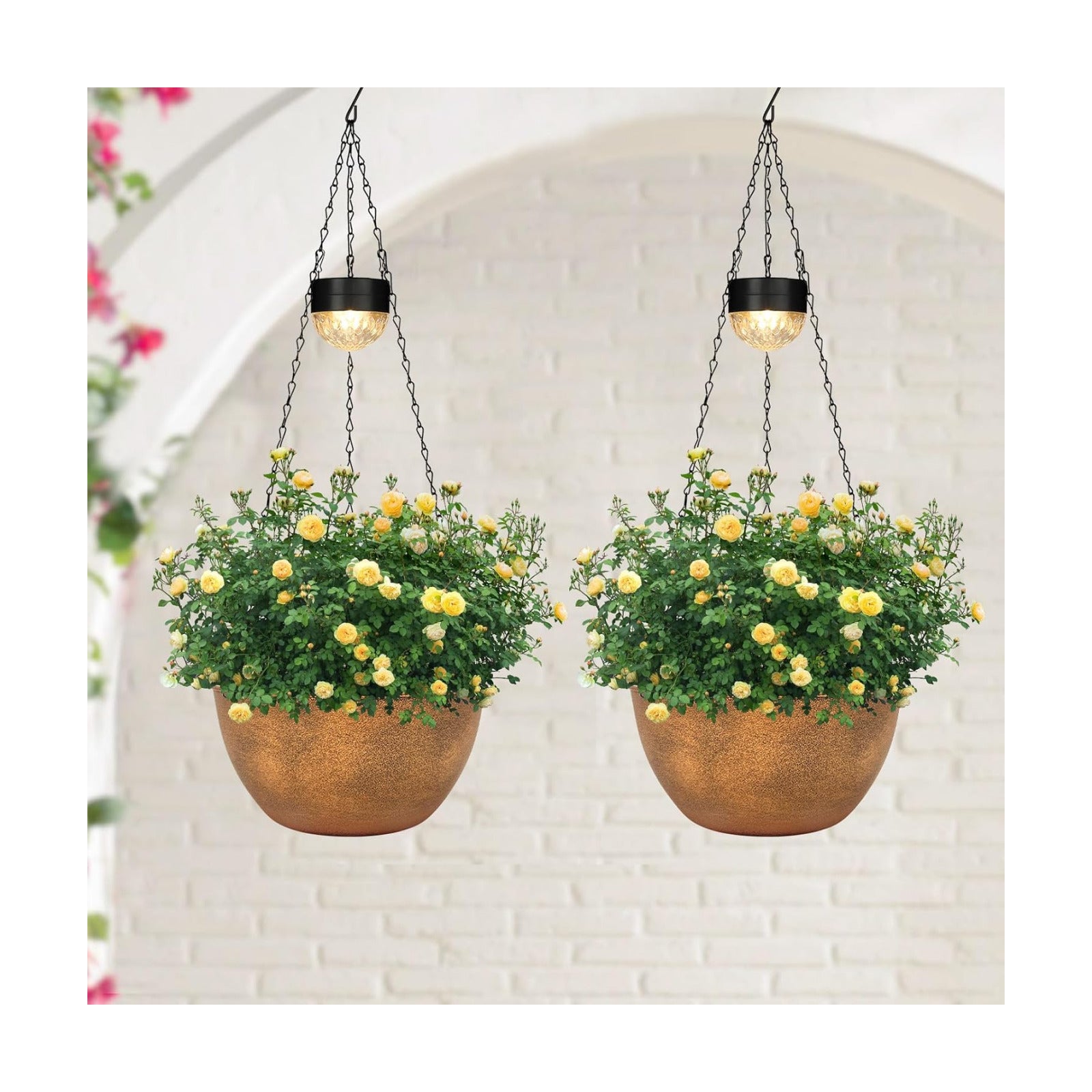 SUNNYPARK 2 Pack Solar Hanging Planters for Plants Outdoor | Self Watering, Bronze Flower Pots with Solar Light