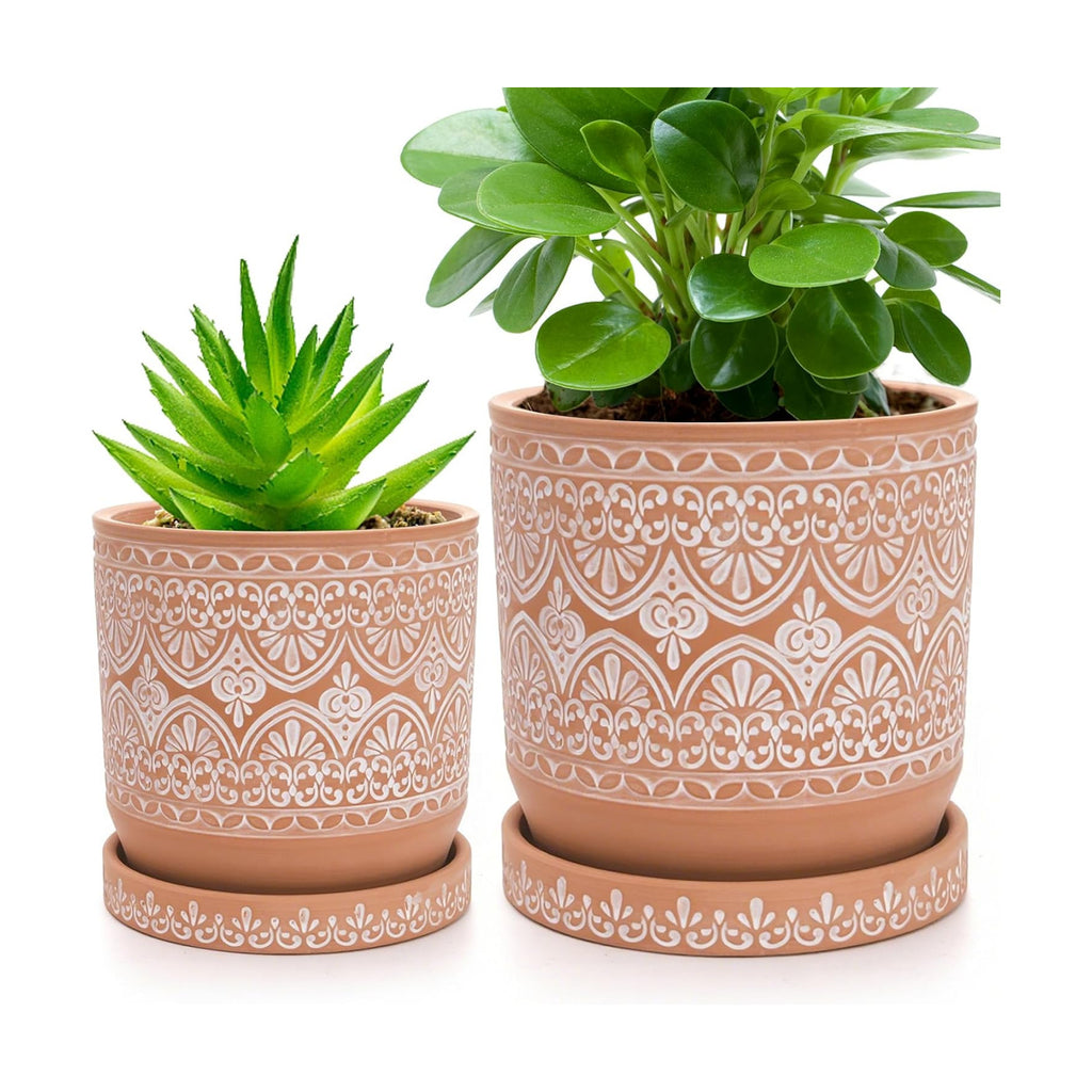 Set of 2 Terracotta Plant Pots 4 Inch 6 Inch, Small Medium Clay Planter Pot, Ceramic Cactus Flower Succulent Pot with